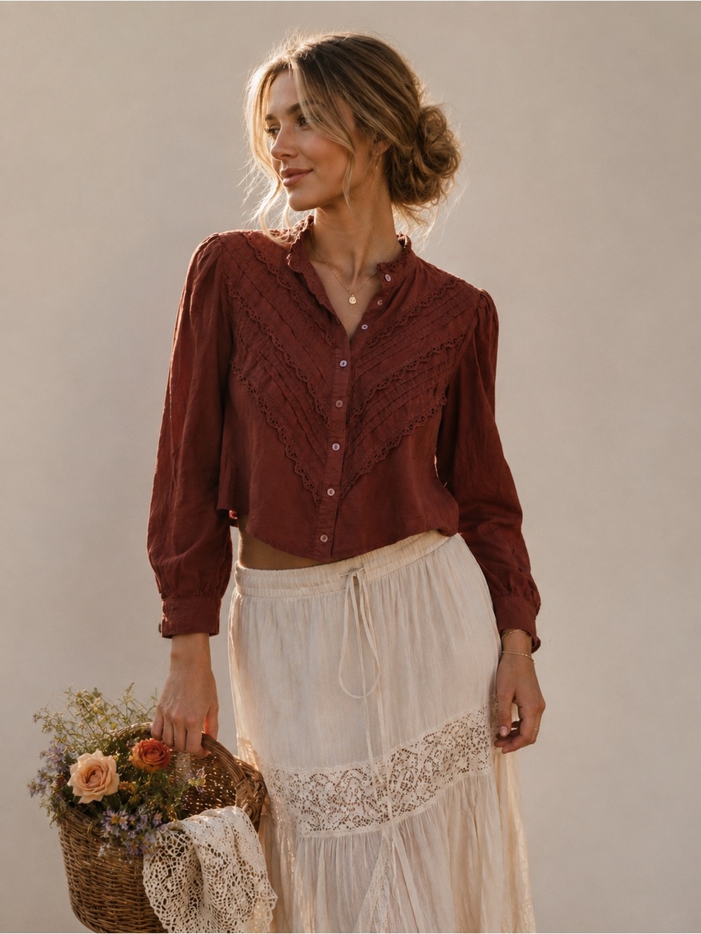 Boho a.n.a Rust Terracotta Pleated Lace Mock Neck Blouse - Size L